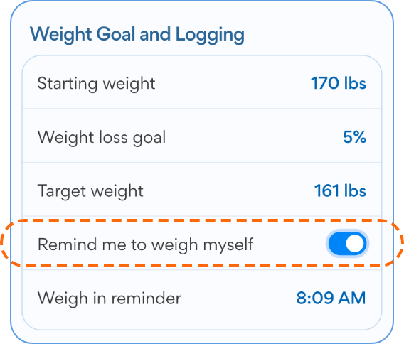 Picture of Weight Goal and Logging button.